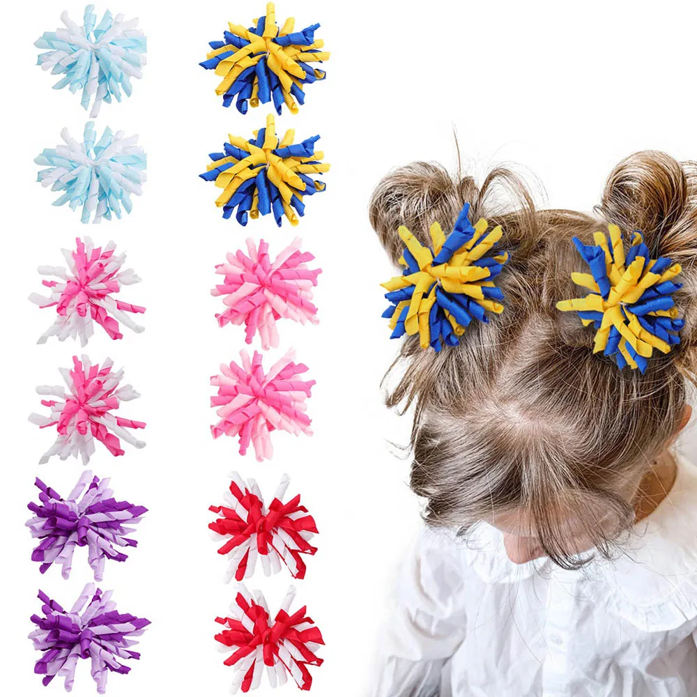 2Pcs Curly Korker Bow Hair Clips Colorful Hair Ties Grosgrain Ribbon Barrettes for Girls Children Teens Toddler Hair Accessories