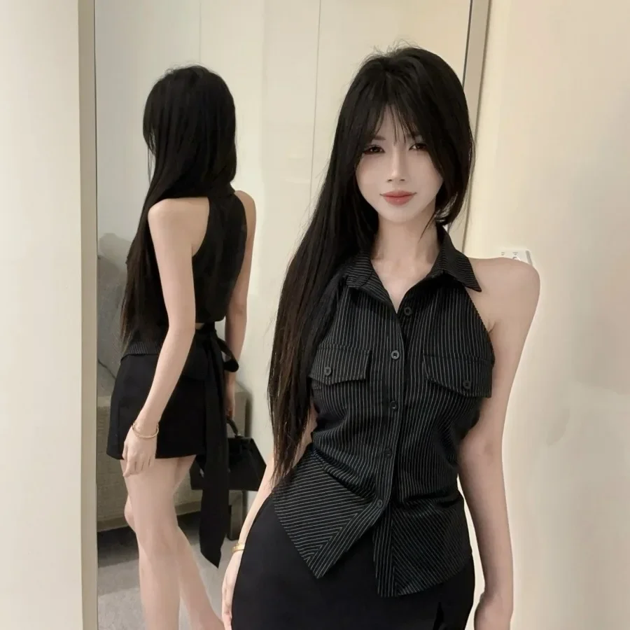 

Korean Style Striped Shirt Women's Summer New Design Waist Belt Sexy Top Princess Sleeve Polo Collar Sleeveless Female Fashion