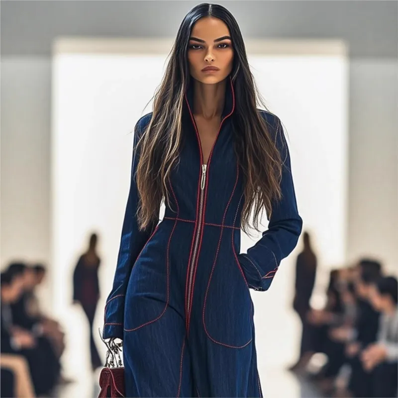 Women's Stand Collar Zipper With Pockets Wide Leg Pants Jumpsuits Autumn Winter Fashion Retro Elegant Ladies Bodysuits