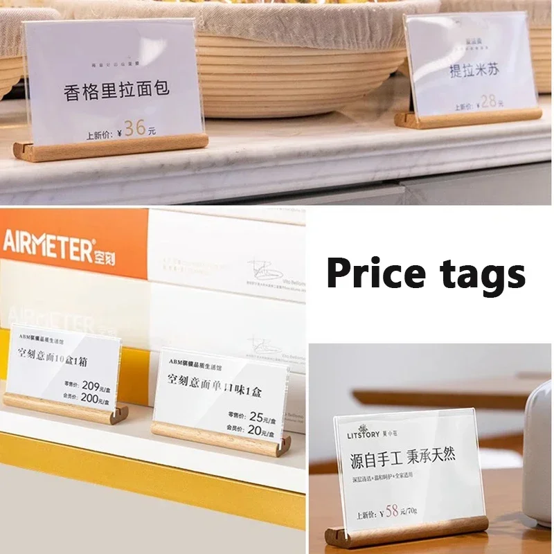 10pcs Acrylic Decca Transparent Display Solid Wood Base Vertical Table Advertising Price tags Table Beech Table Sign Card Holder