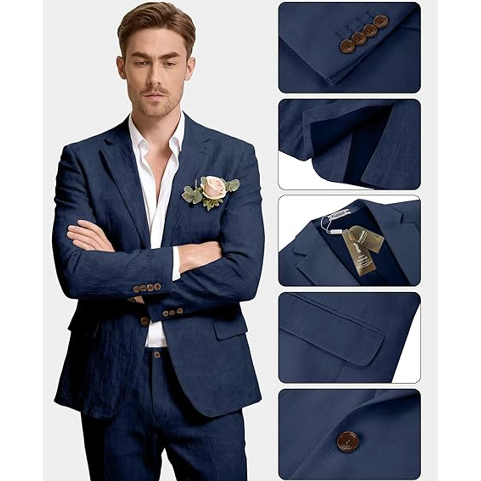 Men's Linen 2-Piece Suit 2-Button Notch Lapel Slim Fit Blazer Pants Lightweight Formal Business Wedding Suit Jacket Trousers Set