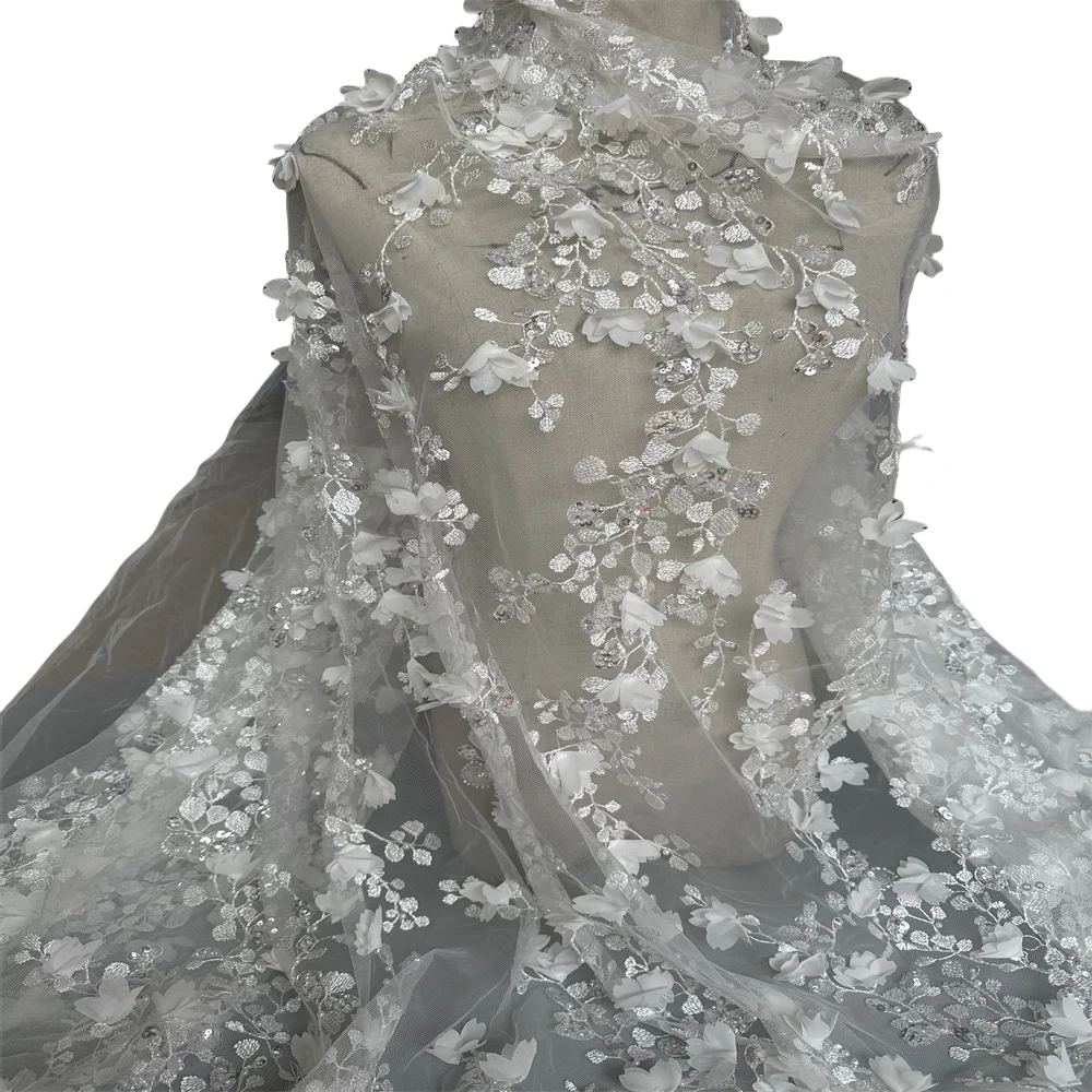 

African Sequins Beaded Lace Fabric for Bridal Wedding, Nigerian Embroidery, High Quality, French Tulle, SYJ-1406331
