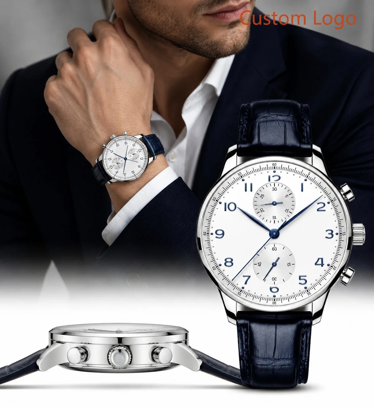 41mm Vintage Chronograph Men Watch Blue Leather Strap Elegant Business Dress Male Mechanical Customized Watches