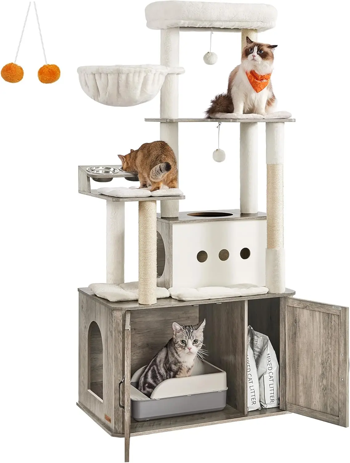 

Cat Tree, 66.9-Inch Cat Tower with Litter Box Enclosure, Large Cat Condo with Food Station, Storage, Scratching