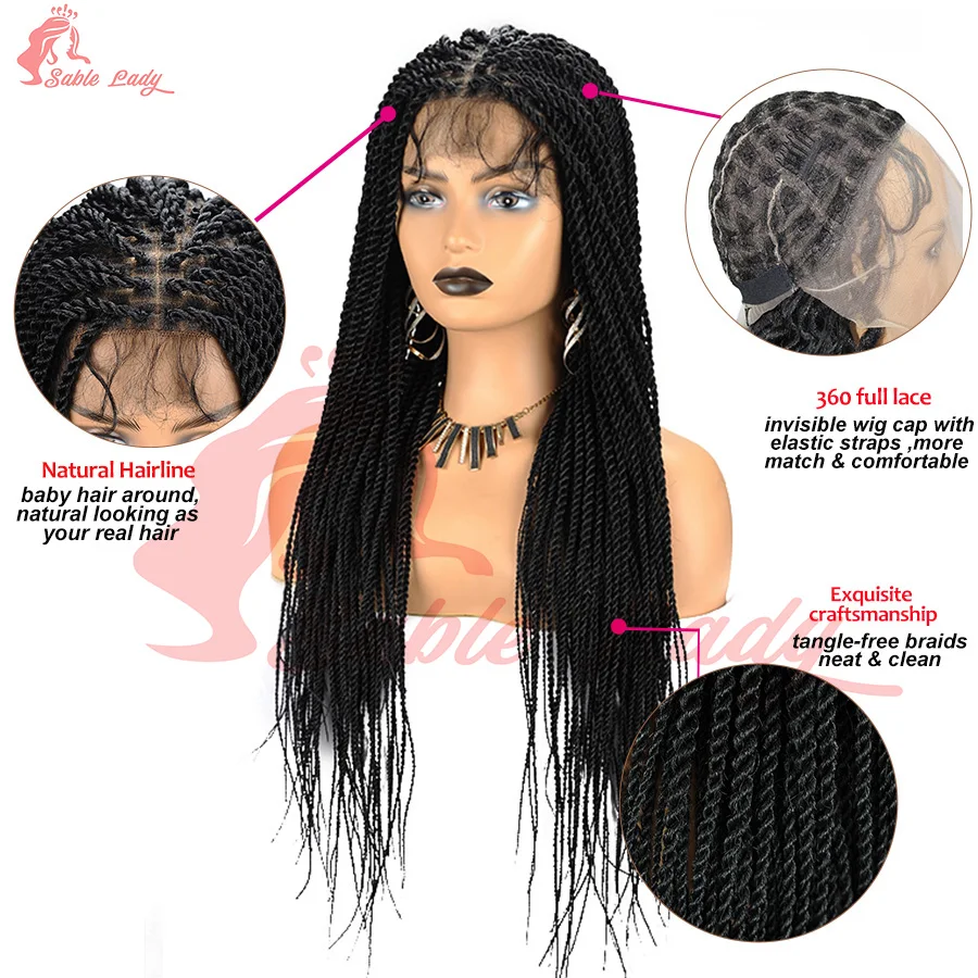 Synthetic Twisted Braided Wig Goddess Full Lace Small Box Knotless Braids For Black African Women Long 36 inch Senegalese Twists