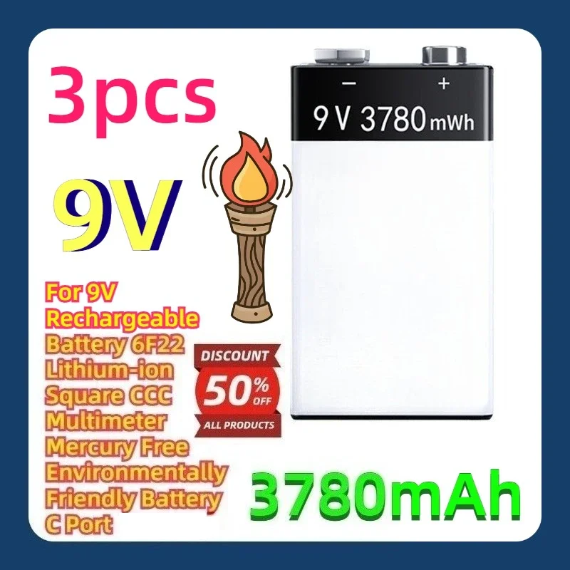 For 9V Rechargeable Battery 6F22 Lithium-ion Square CCC Multimeter Mercury Free Environmentally Friendly Battery C Port 3pcs