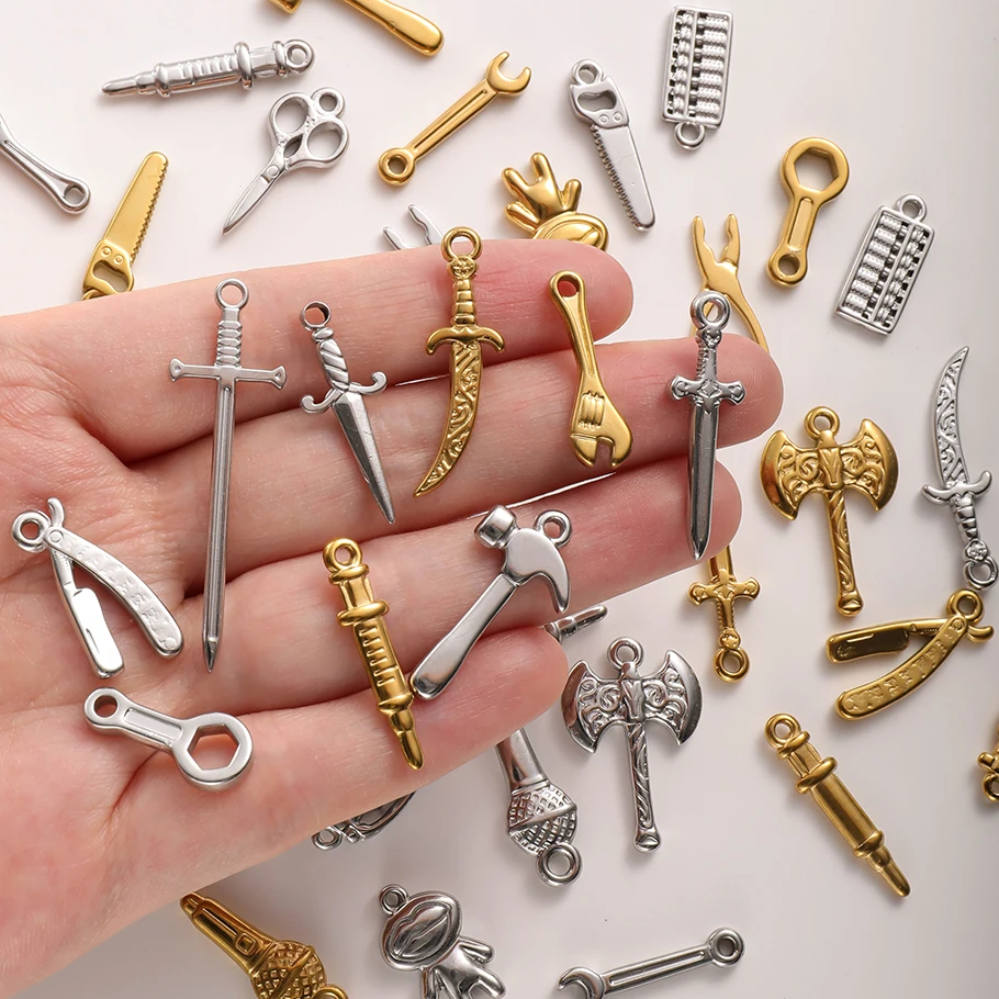 8Pcs Stainless Steel Cute Punk Tool Wrench Axe Pendant For Bracelet Jewelry Making Punk Sword Cross Hammer Charms Wholesale Bulk