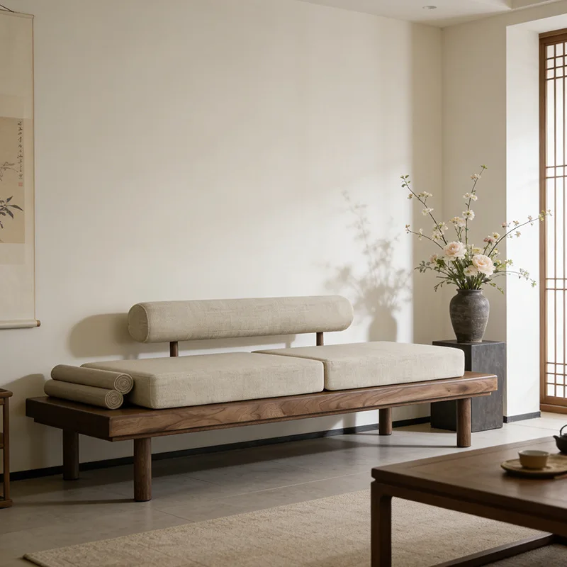 

Retro small apartment living room fabric cafe restaurant solid wood sofa straight row chaise longue