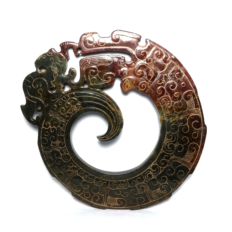 YIZHU CULTUER ART Size 13.8 × 13.4 cm Old China Hetian Jade Carving Dragon and Baby Statue Disc Collection