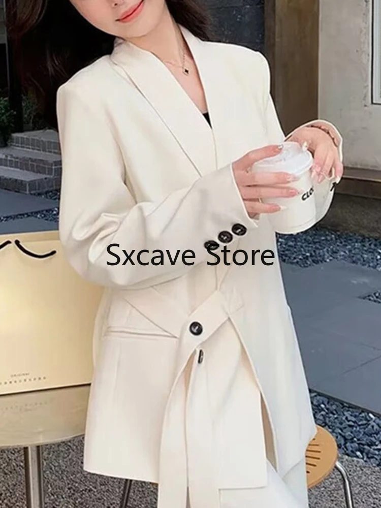 2 Piece Pant Sets Women Outifits 2023 Autumn New Solid Long Sleeve Lace-up Jackets Coat + Wide Leg Loose Blazers Suits Chic