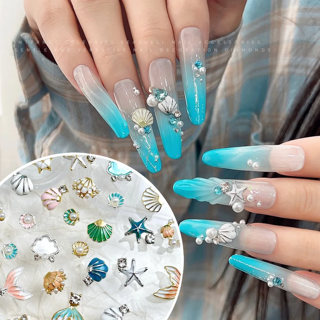20PCS Mixed Design 3D Luxury Alloy Shell Starfish Nail Art Charms Rhinestone Pearl Fish Tail Accessories Manicure Decorations
