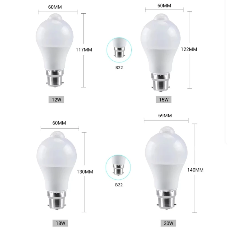 Lampadina LED attivata dal movimento B22 85-265V 12/15/18/20W Sensori di movimento Lampadina di sicurezza crepuscolare Lampadina LED con accensione automatica