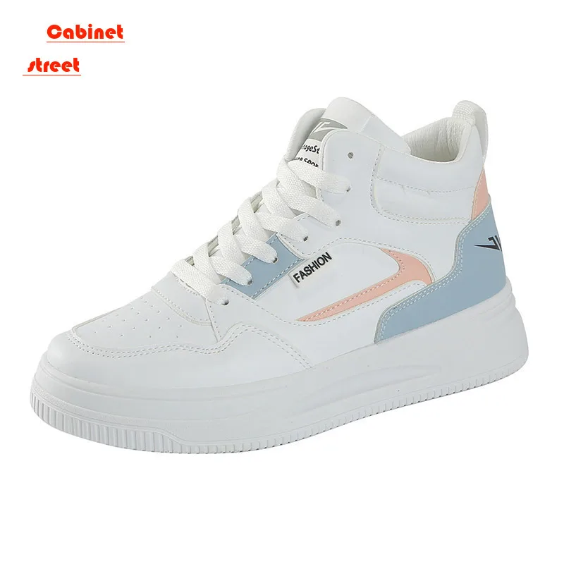 2024 Women White Colorblock Lace-up Front Skate Flat Shoes High-top Sneakers Lightweight Work Sneakers For Indoor Outdoor