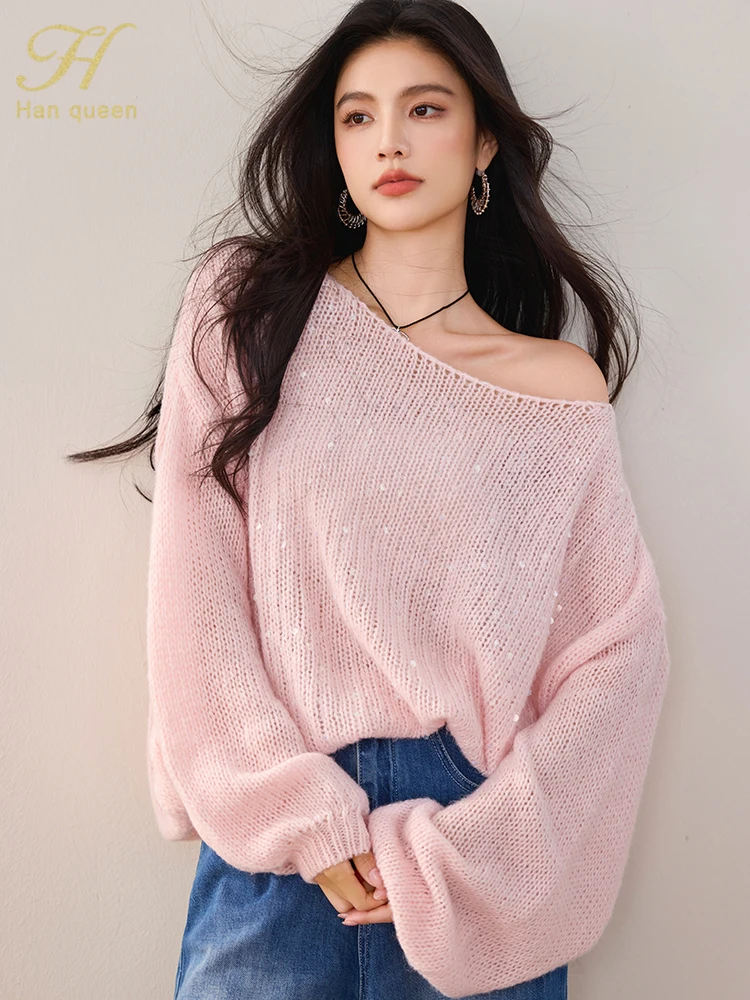 

H Han Queen Autumn Sequined Mohair Knitwear Pullovers Sweaters Slouchy Fashion Women's O-Neck Vintage Casual Basic Sweater