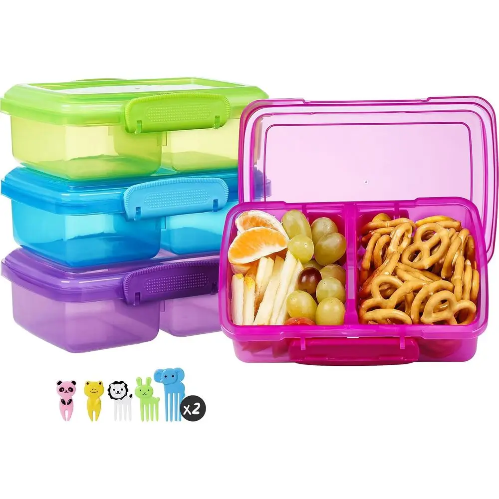 4 Pack 2 Compartment BPA Free Kids Snack Bento Boxes With Lids Cute Forks Reusable Divided Food Containers For School Travel Fruits Snacks Meal Prep