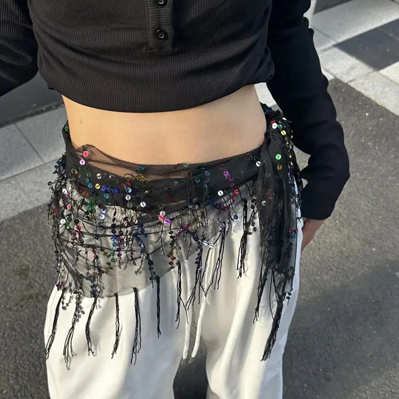 Sequin Triangle Hip Scarf With Long Tassels Belly Dance Waist Wrap Skirt Costume Accessory Performance Party Fashion Accessories