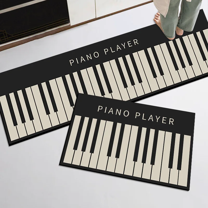 Piano Player Keyboard Kitchen Mat Set Gray Black White Print NonSlip Washable Floor Rug for Music Lovers Home Decor