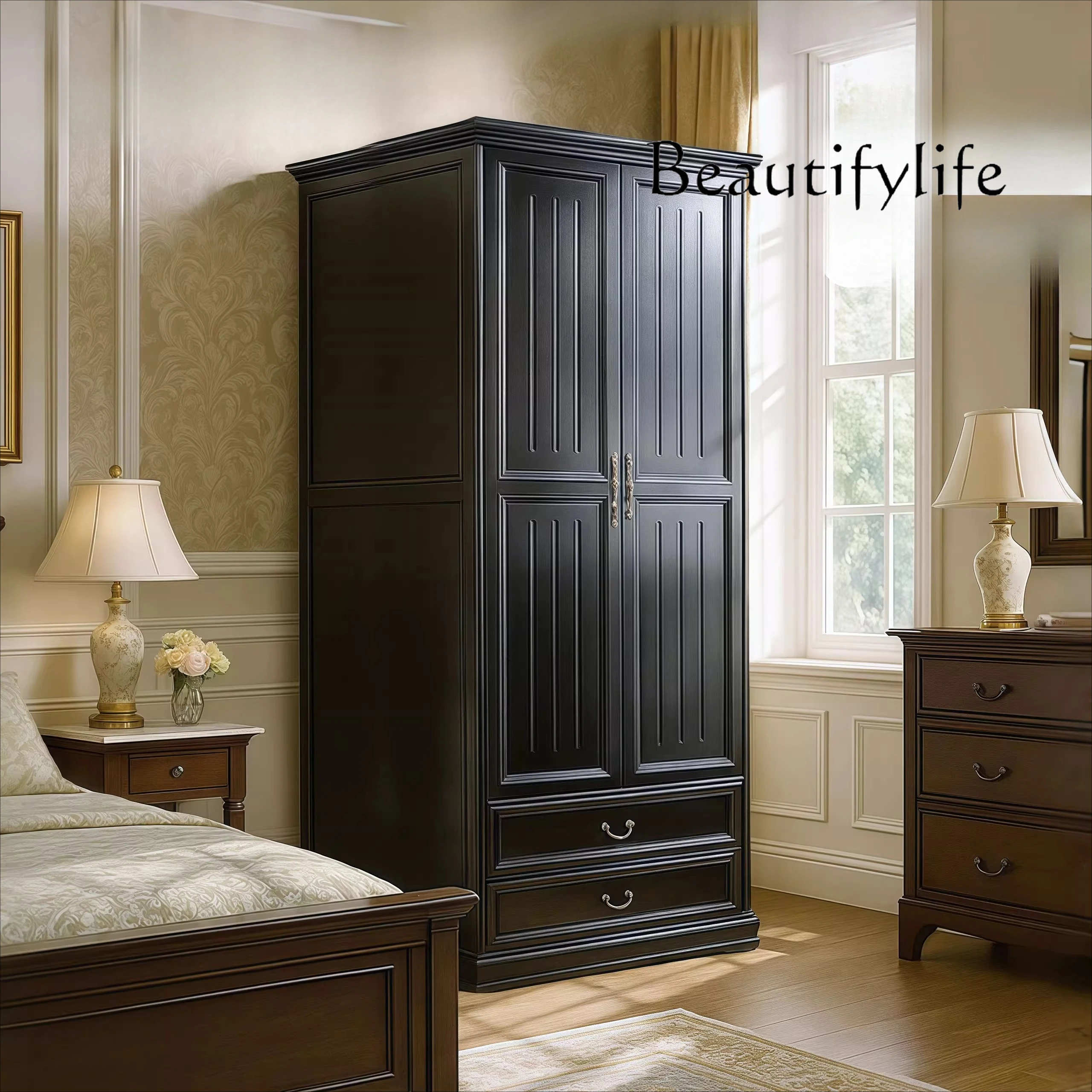 

American solid wood floor-to-ceiling wardrobe, bedroom two-door storage locker, household classic black door-to-door wardrobe