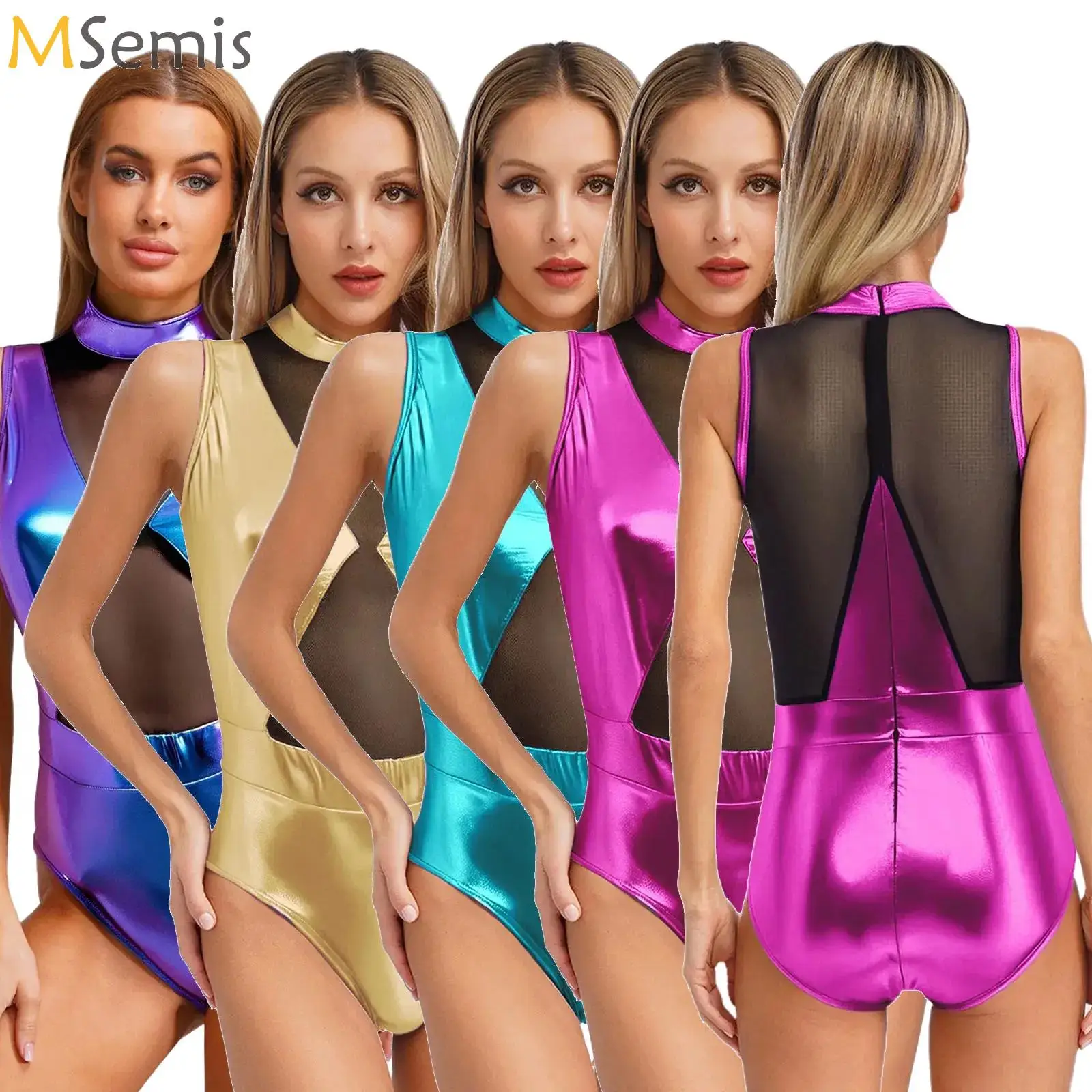 

Womens Metallic Shiny Bodysuit Chic Mesh Patchwork Sleeveless Leotard Jumpsuit Clubwear for Party Pole Dance Music Festival