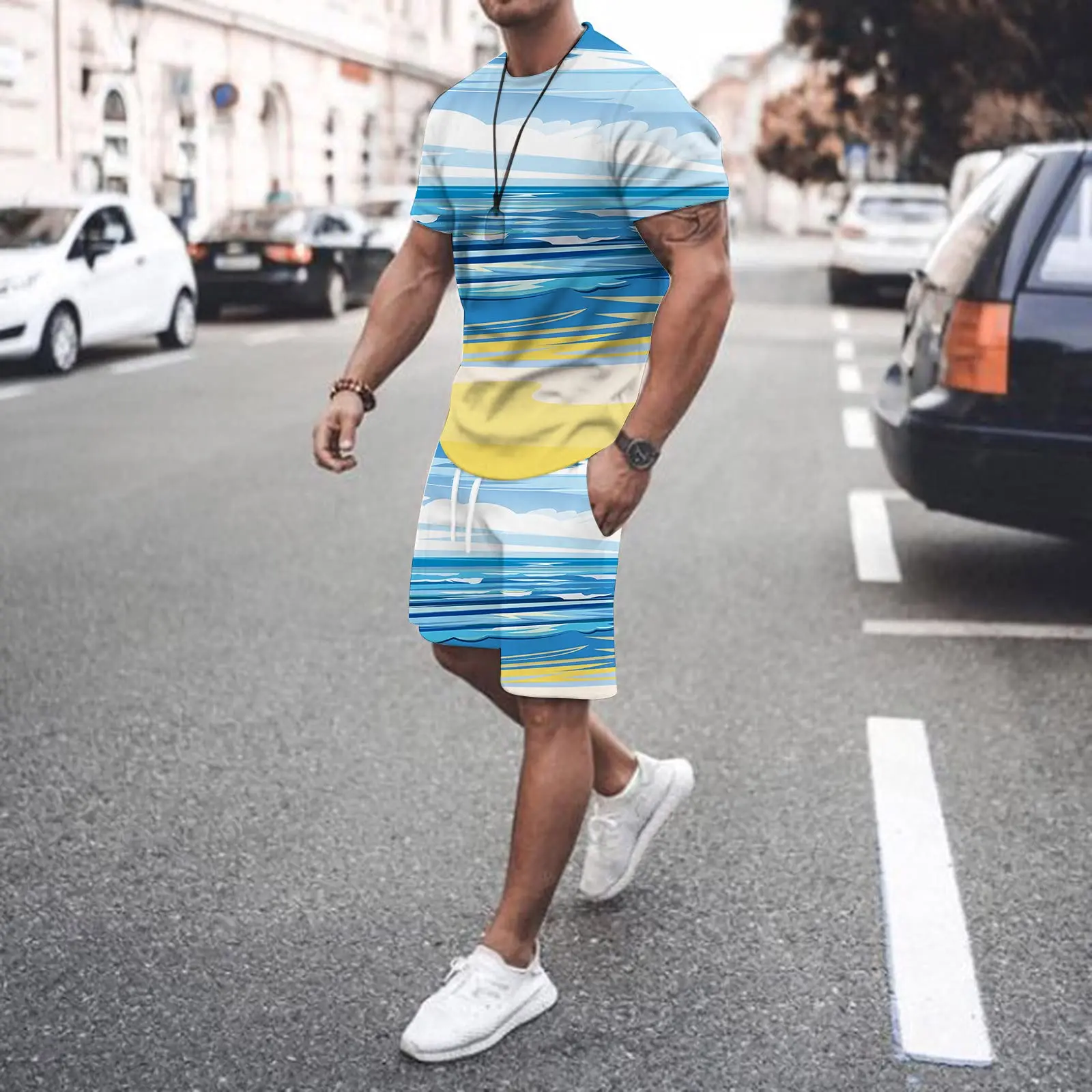 Summer Fashion 2023 New Men 2 Piece Set Tracksuits Casual Short Sleeves 3D Print T-shirt+shorts Pants Suits Mens Clothing Outfit