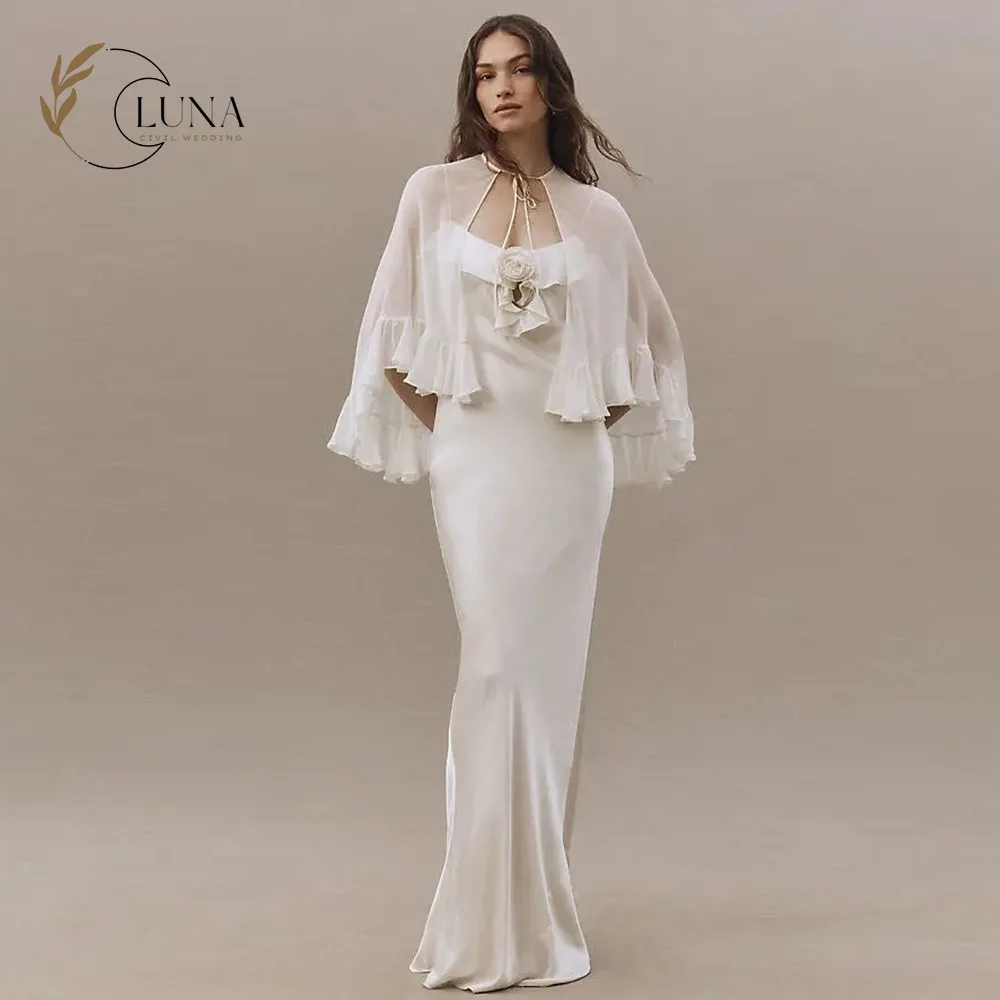 Luna Customized Mermaid Wedding Dresses with Cape Ruffled Floor-Length Bridal Gown Handmade Flowers Long Bride's Dresses