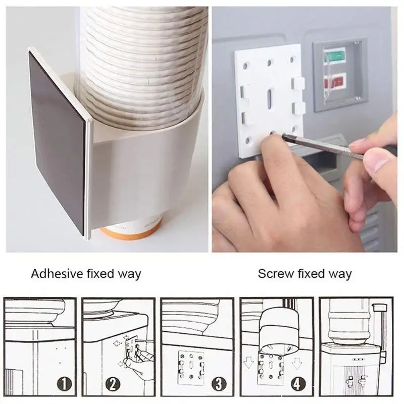 Self-Adhesive Water Dispenser Cup Holder Dustproof Space Saving Paper Cup Dispenser Rack Holds 20+ Cups for Home Kitchen