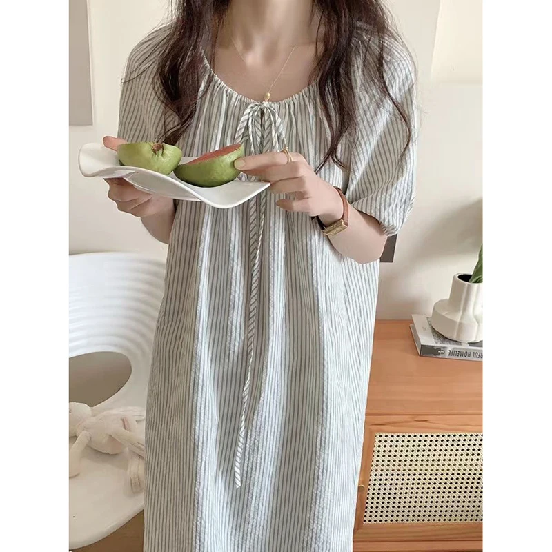 Striped Sleepwear Woman Short Sleeves Nightgown Korean Night Dress Summer One Piece Pajamas Dress Ruffles Night Wears 2024 New