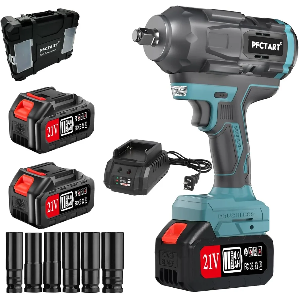 Cordless 1/2 inch Brushless Impact Wrench, 1200Nm(900ft-lbs) High Torque Impact Gun w/2x 4.0Ah Batteries, Fast Charger & 6 Socke