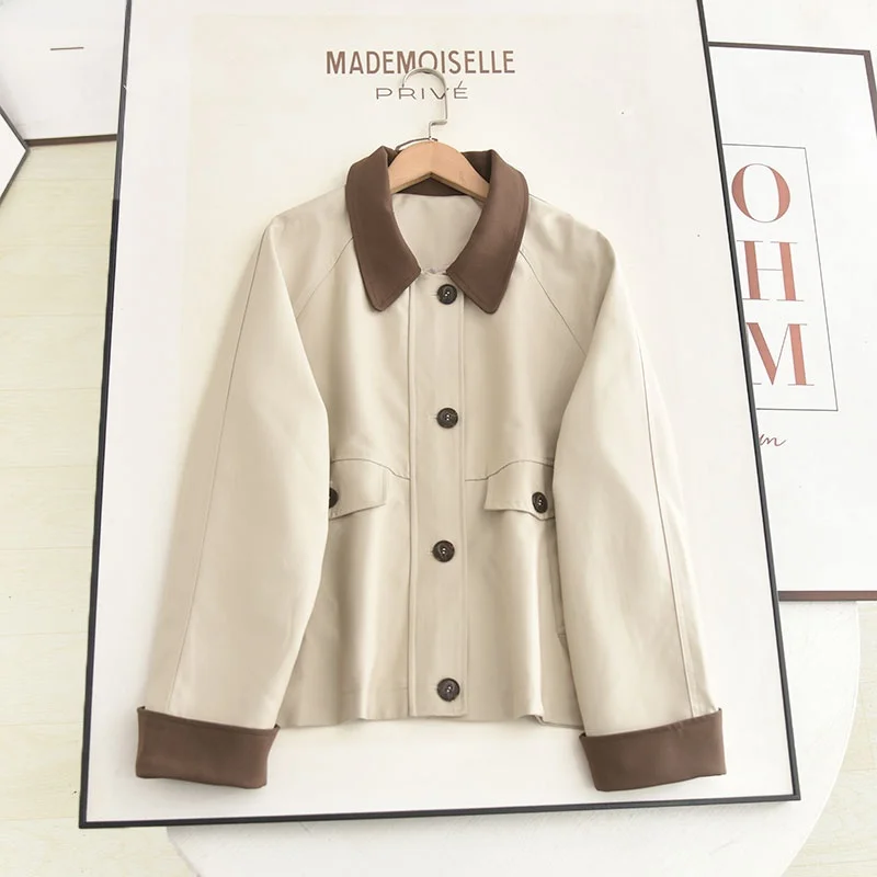 

Casual Loose Women's Jaet Coat Small Size Contrast Color Collar Flip Design Autumn New Sle Faion Outerwear