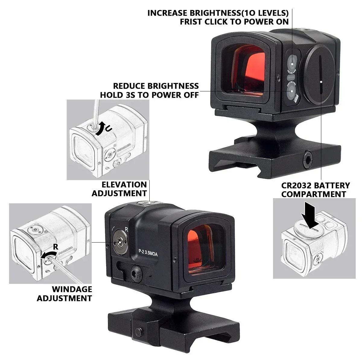 

Tactical P-2 3.5 MOA Red Dot Sight Hunting Pistol GLOCK Optic Reflex Holographic Riflescope 20mm Rail 1.54 Inch Riser Mount