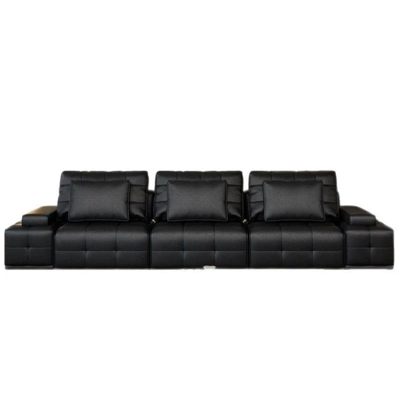 Electric sofa small apartment black leather functional sofa retractable wall Italian straight row sofa