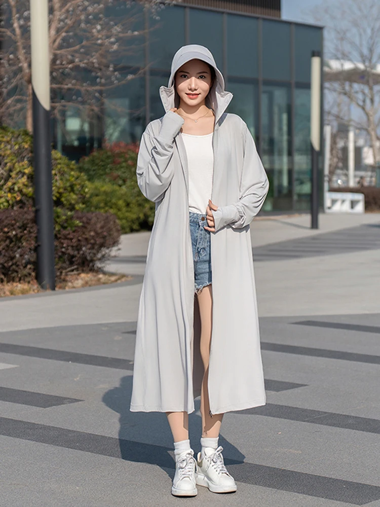 Plus Size Hooded Sun Protection Long Coat Ice Silk Loose Fit