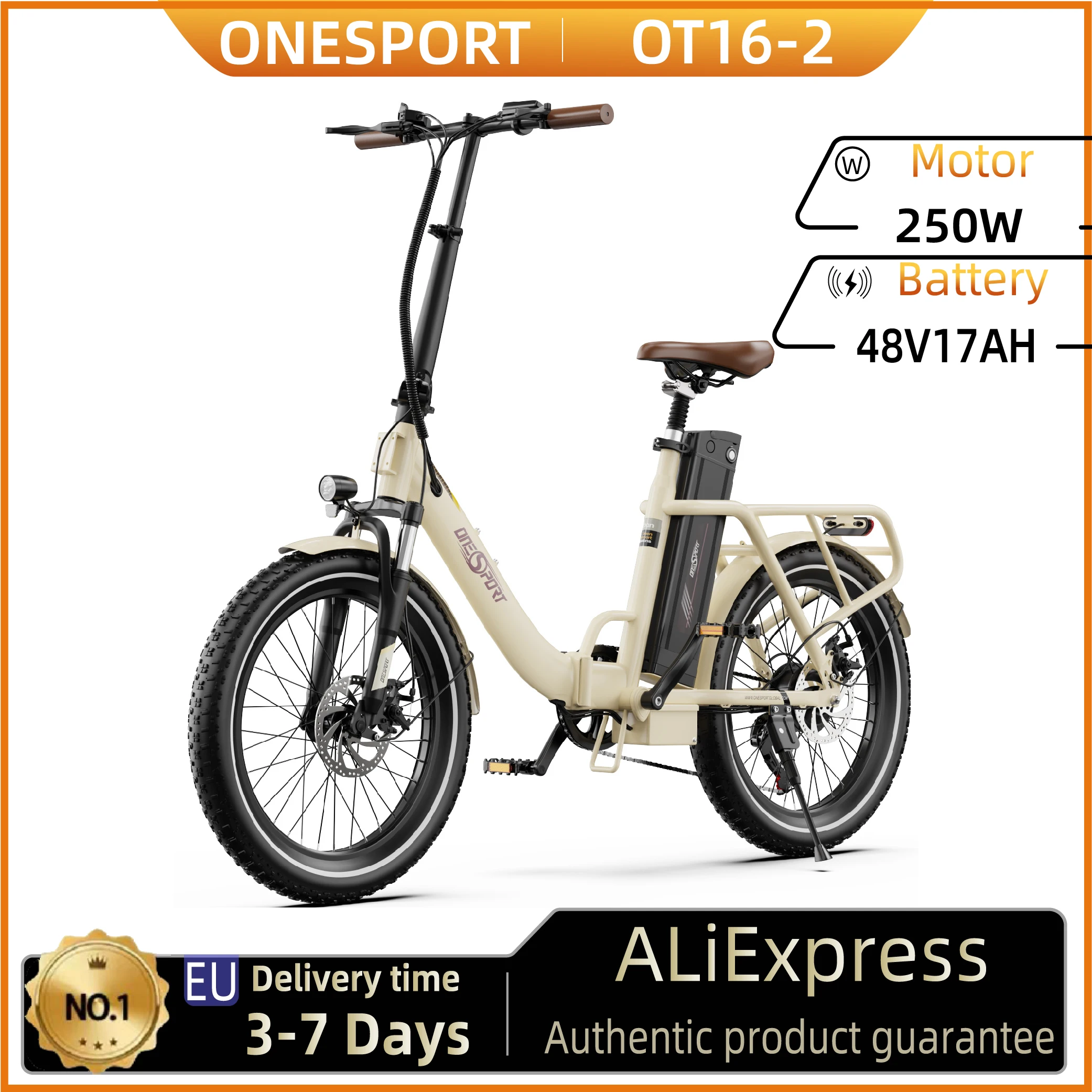 Vélo électrique ONESPORT OT16-2, moteur 250W, batterie 48V 15.6Ah, pneus 20 pouces, vitesse maximale 25 km/h, autonomie 120 km, freins à disque mécaniques