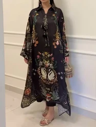 Women Rerto Printing Loose Maxi Dress, Autumn Winter Long Sleeve Patchwork Party Dress, 2025 Lace-Up Casual Ladies Holiday Dress
