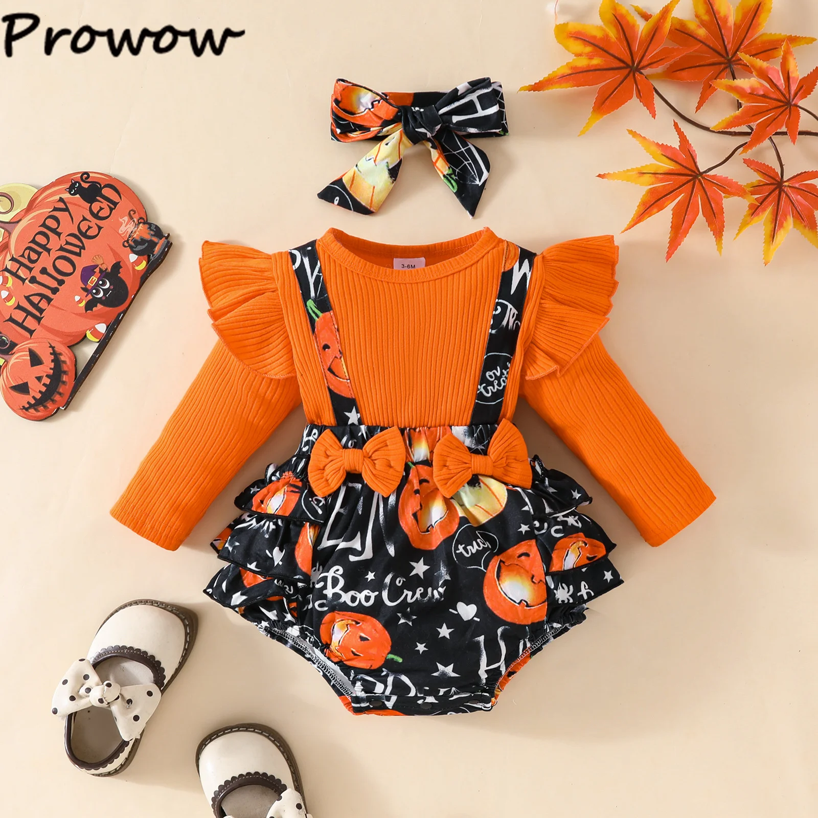 Prowow Baby Halloween Bodysuit For Girls Orange Pumpkin Printed Romper With Headband 2pcs Sets My First Halloween Baby Costume