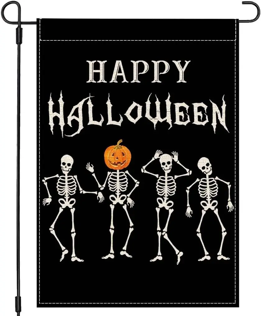 PANDICORN Happy Halloween Garden Flag 12x18 Inch Double Sided Dancing Skeleton Skull Jack O Lantern Pumpkin Black Spooky Hallowe