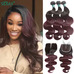 1B 99J Body Wave Bundles With Closure Free Part Brazilian Human Hair Ombre Burgundy Hair Bundles With Transparent Lace Closure