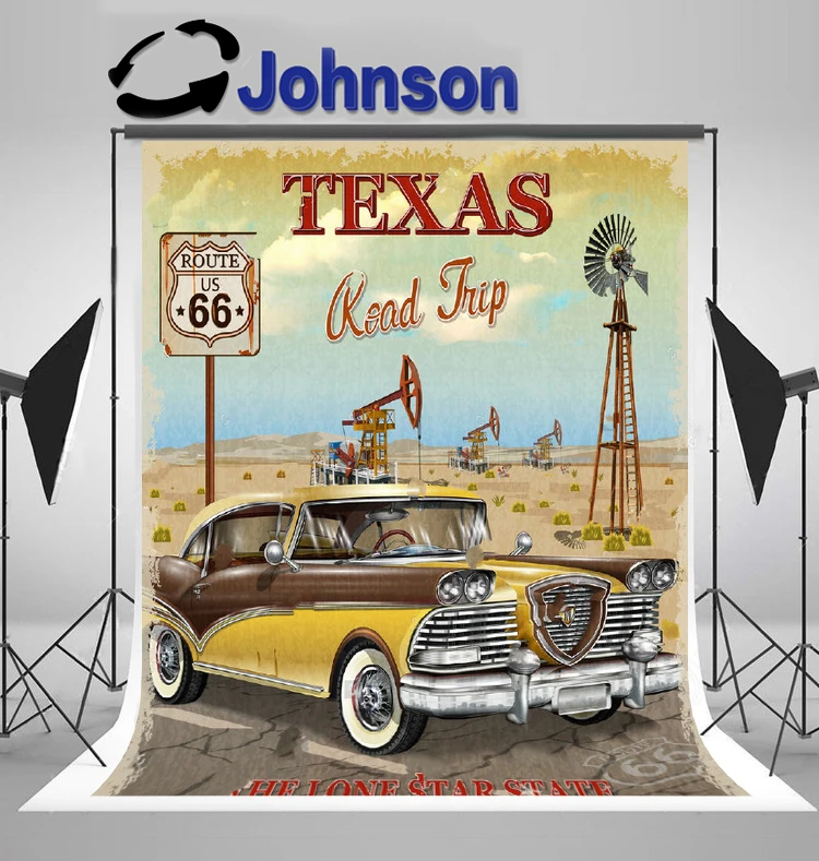 

JOHNSON Texas Vintage Car Route 66 Road Travel oilfield backgrounds High quality Computer print party photo backdrop