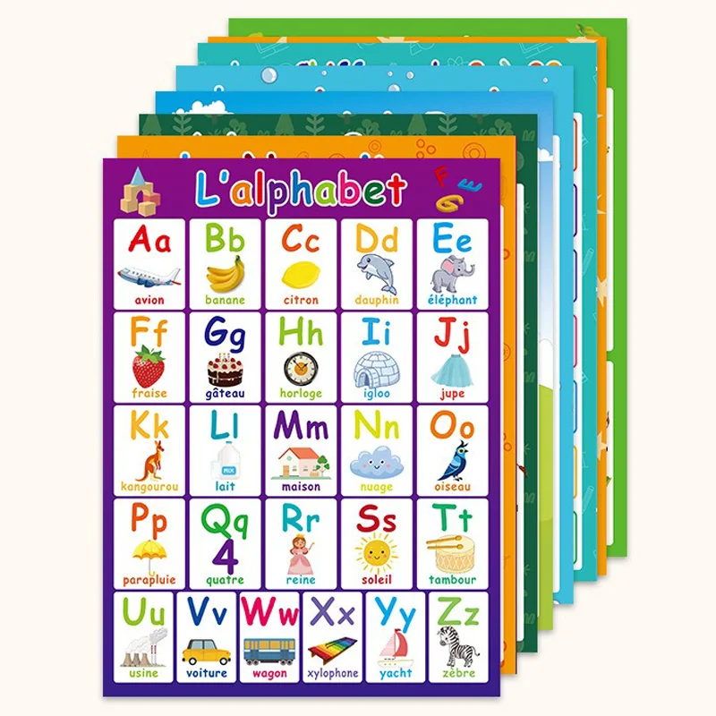 8 ملصقات من المفردات الفرنسية والإنجليزية، مع الرسوم التوضيحية الملونة للحيوانات والأغذية والفواكه، تتميز بـ 240 كلمة فرنسية #3