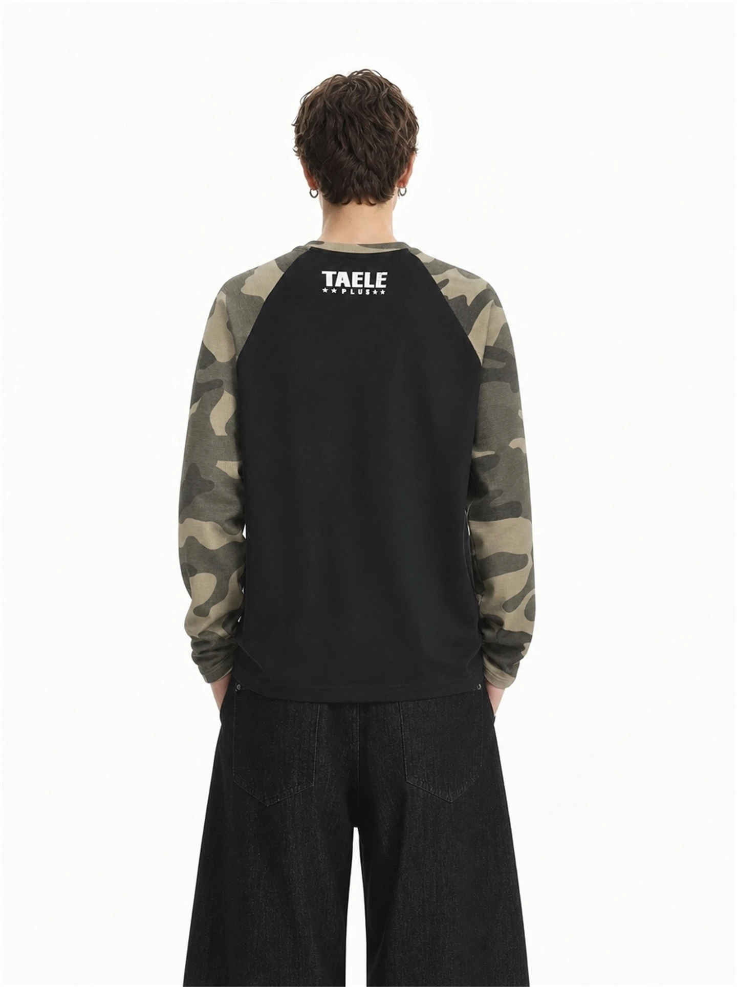 BETEBULE American Retro Camouflage Long Sleeve Men's T-shirt Shoulder Insert Design Skeleton Letter Print Loose Fit Casual Top
