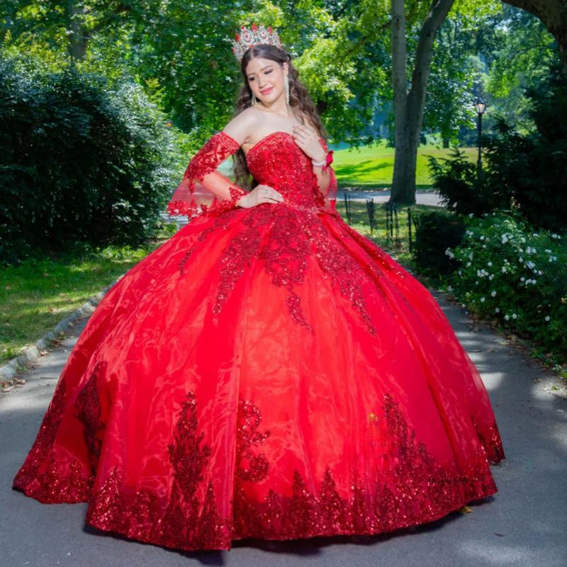 Robe de RhQuinceanera à paillettes rouges, appliques de paillettes, dentelle perlée, fête d'anniversaire à plusieurs niveaux, robe Sweet 16, robe éducative, 15