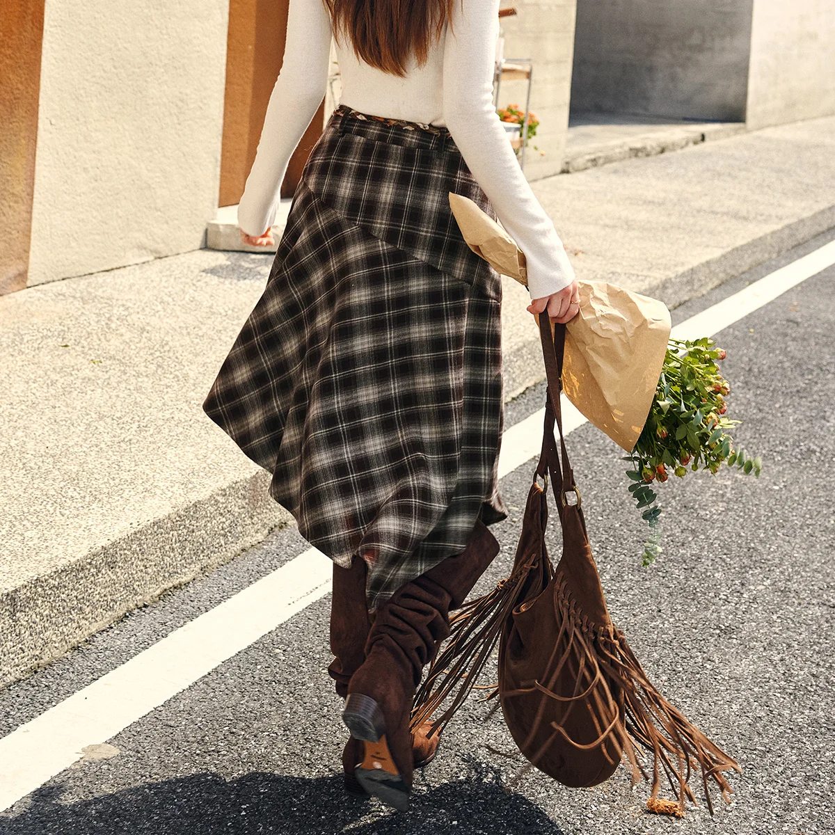 OLrain Retro-Karorock für Damen, Herbst, asymmetrischer Saum, seitlicher Reißverschluss, mittellang, lockere Passform, einfacher Wärmerock O57DB001900