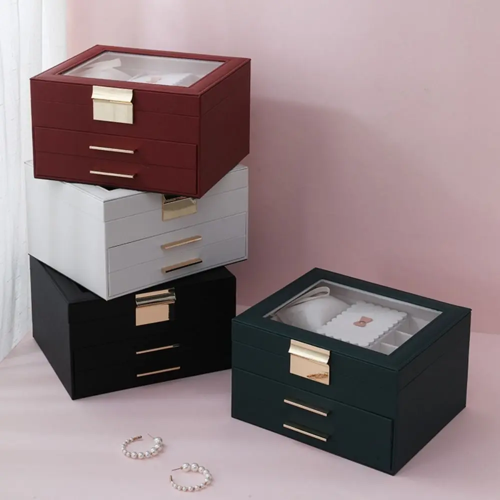 Glass Lid Jewelry Box Modern Style 2 Drawers Necklace Storage Box Multi-Functional 3-Layer Earrings Bracelets Organizer Holder