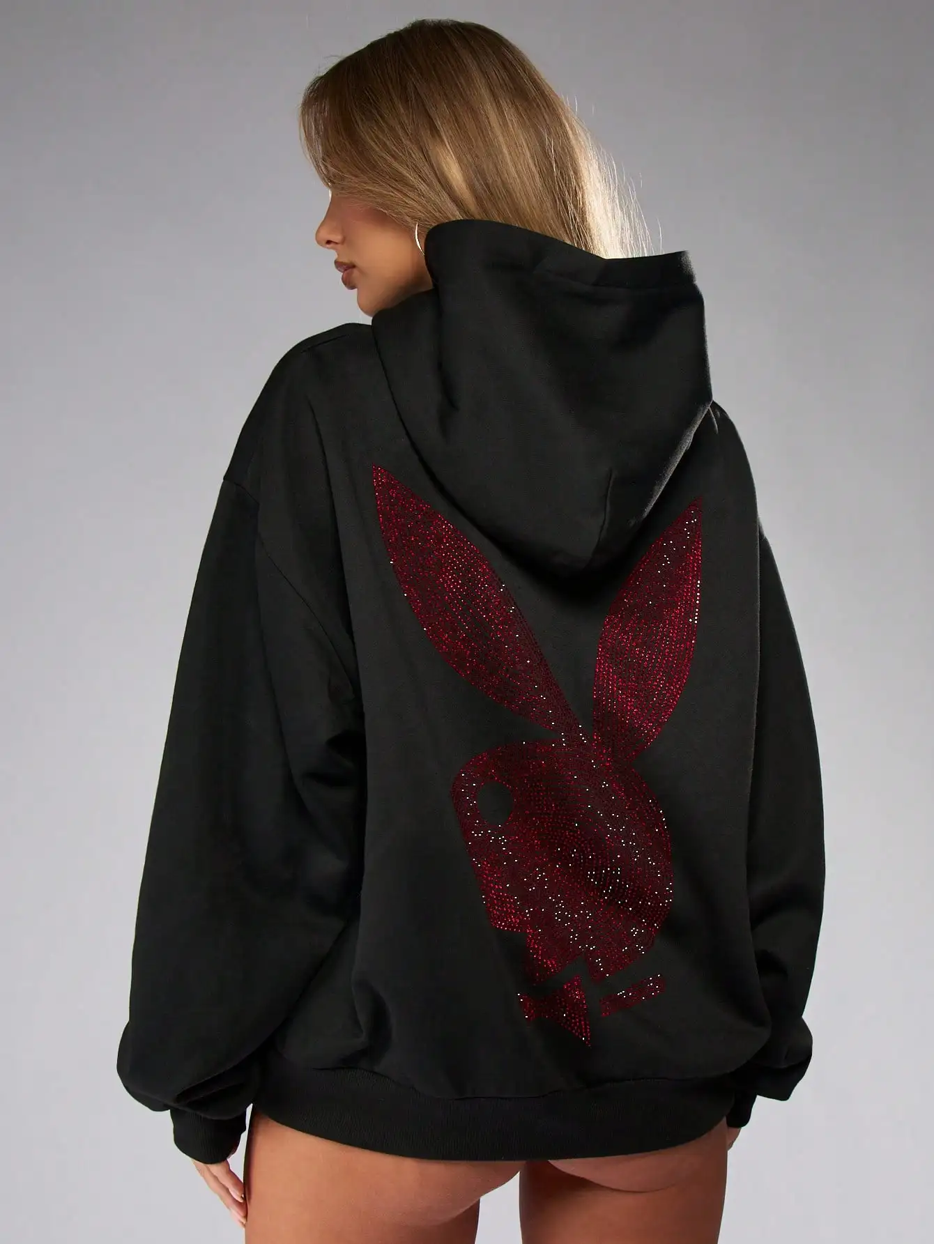 

Playboy Rhinestone Bunny Oversized Hoodie for Women - Casual Winter Streetwear