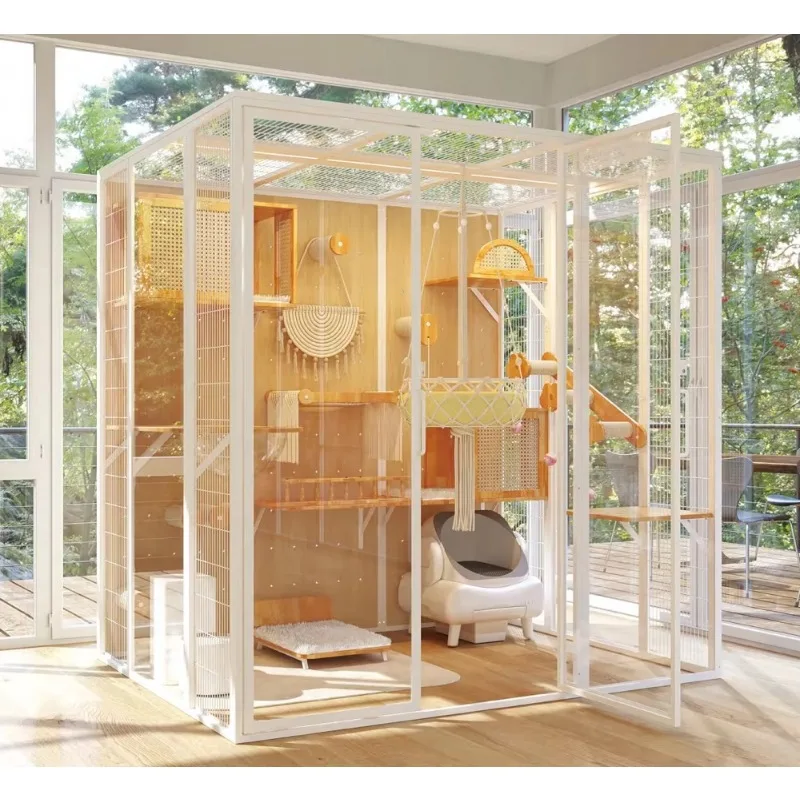 

Hot Sale Luxury Wooden Cat Villa Cage Indoor Outdoor Large Pet House With Platform for Playing and Sleeping
