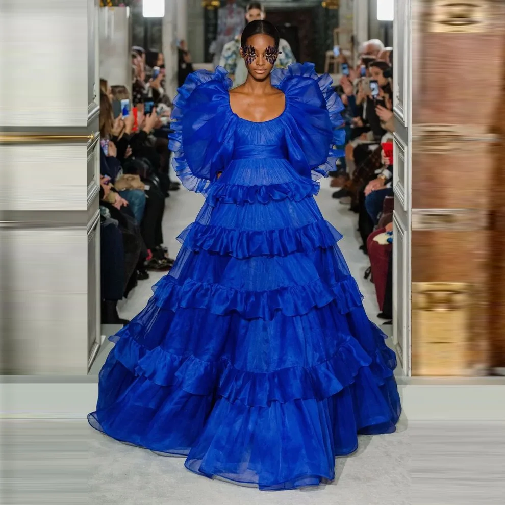 Extra Puffy Evening Party Dresses Long Layered Royal Blue Prom Gown Ruffles Women Special Occasion Gowns Birthday فساتين السهرة