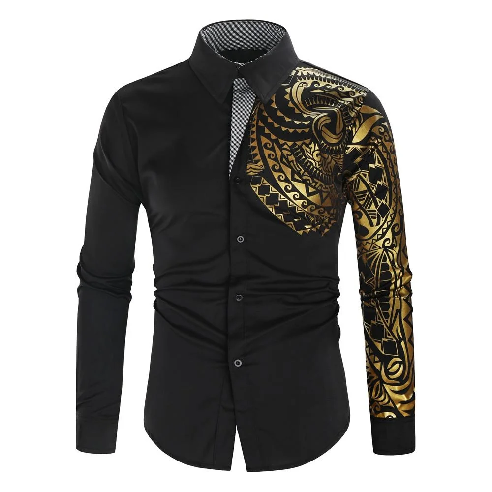 Camisa de moda para hombre, camisas formales con botones y estampado de tótem dorado de manga larga para hombre, 6 colores