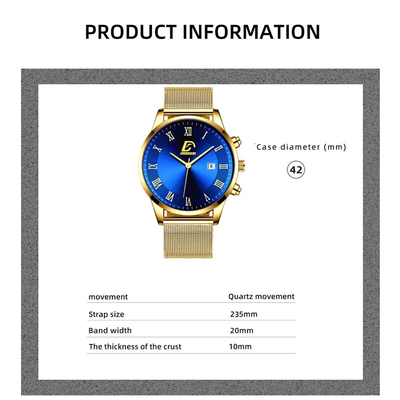 2PCS Set Fashion Mens Calendar Watches Luxury Men Business Gold Stainless Steel Mesh Belt Quartz Watch Male Necklace Wristwatch