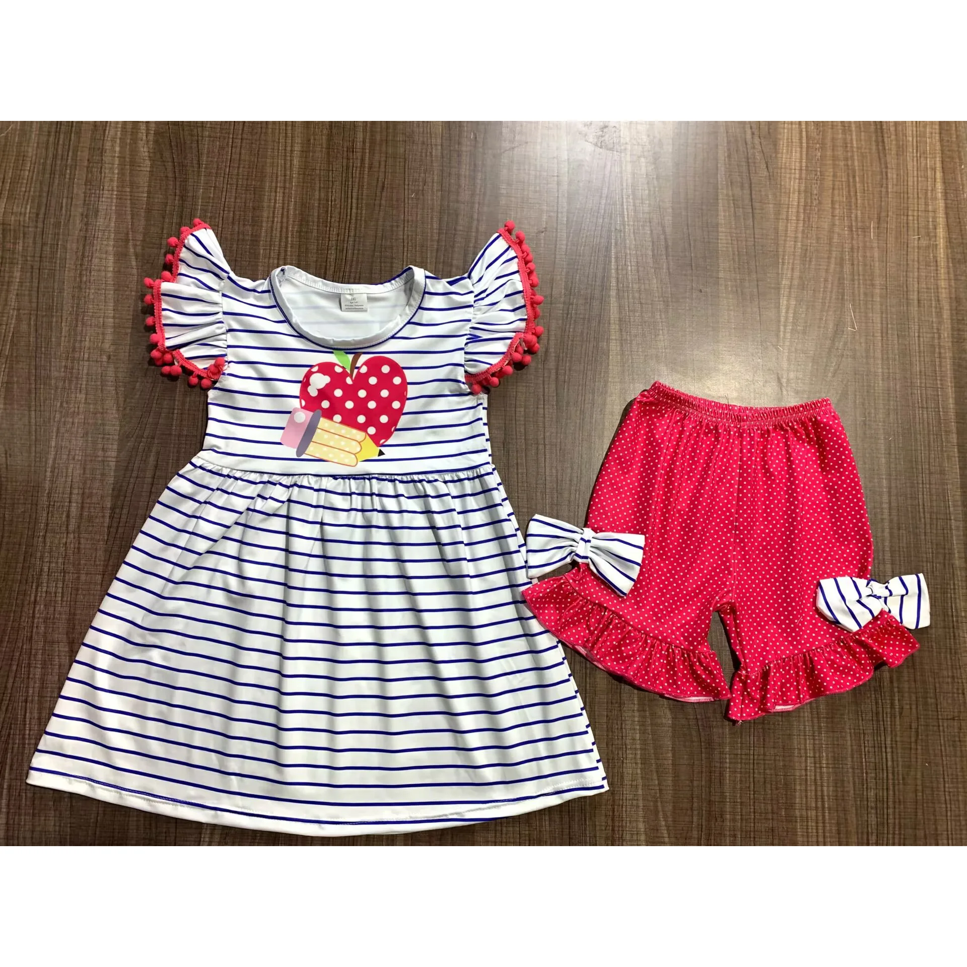 

Hot selling back to school series girls suit toddler girls clothing small flying sleeves