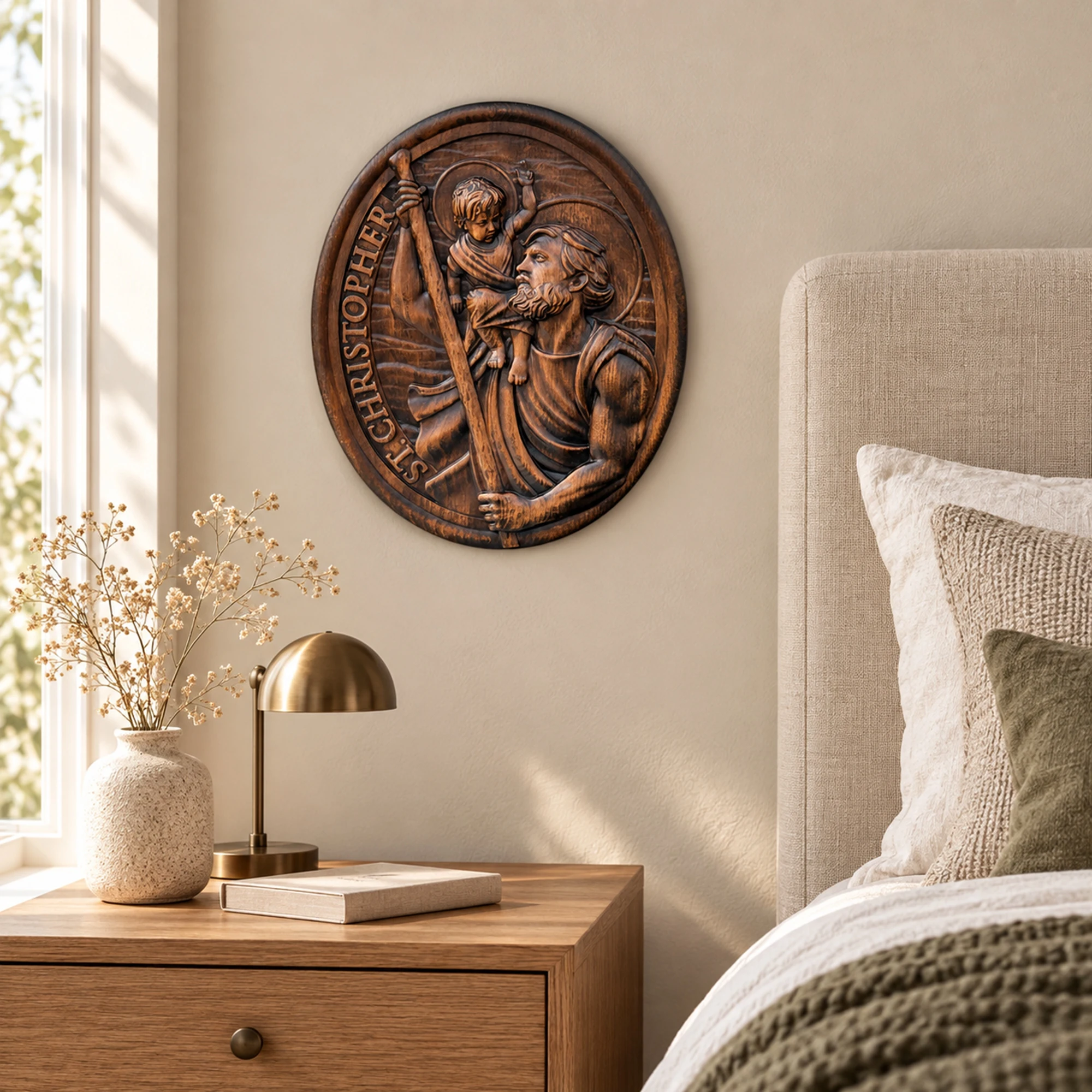 Saint Christopher Relief Woodcarving Disc, Patron Saint of Travelers Religious Plaque, Catholic Home Altar Wall & Table Decorati